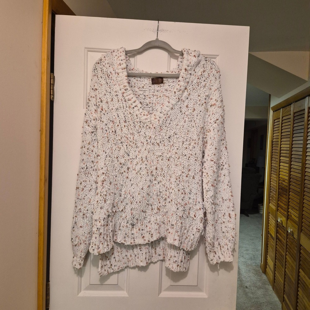 POL White Confetti Chunky Knit Hooded Sweater V-Neck High Low MST103 Medium